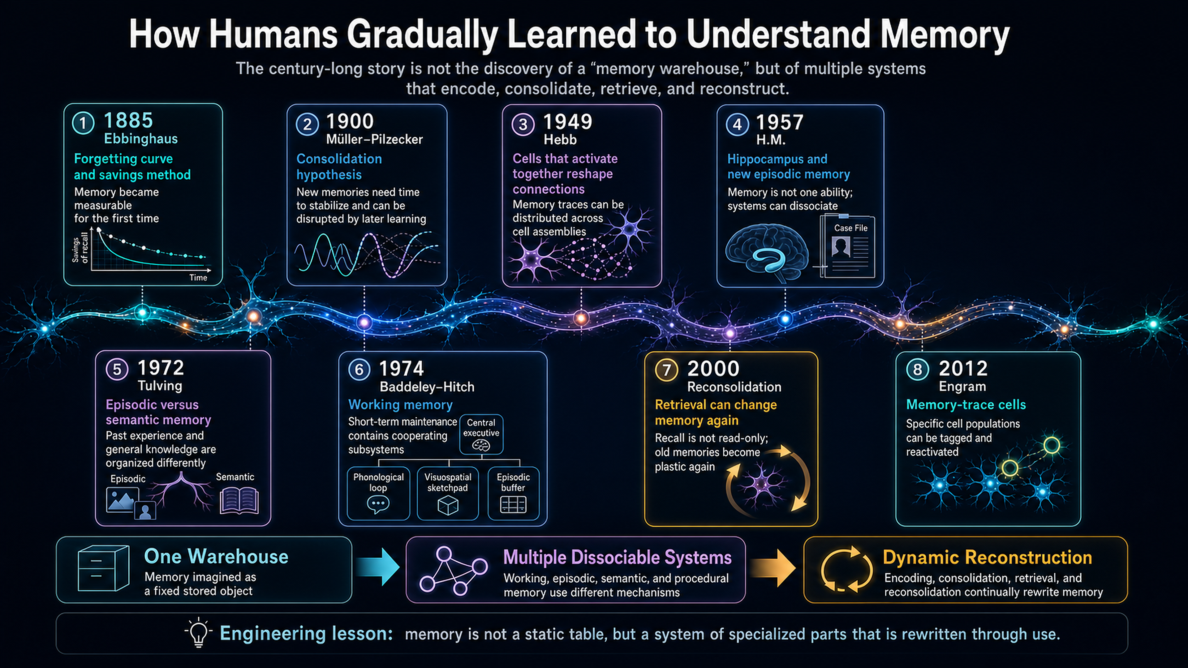 A history of human memory science, from the forgetting curve to engrams